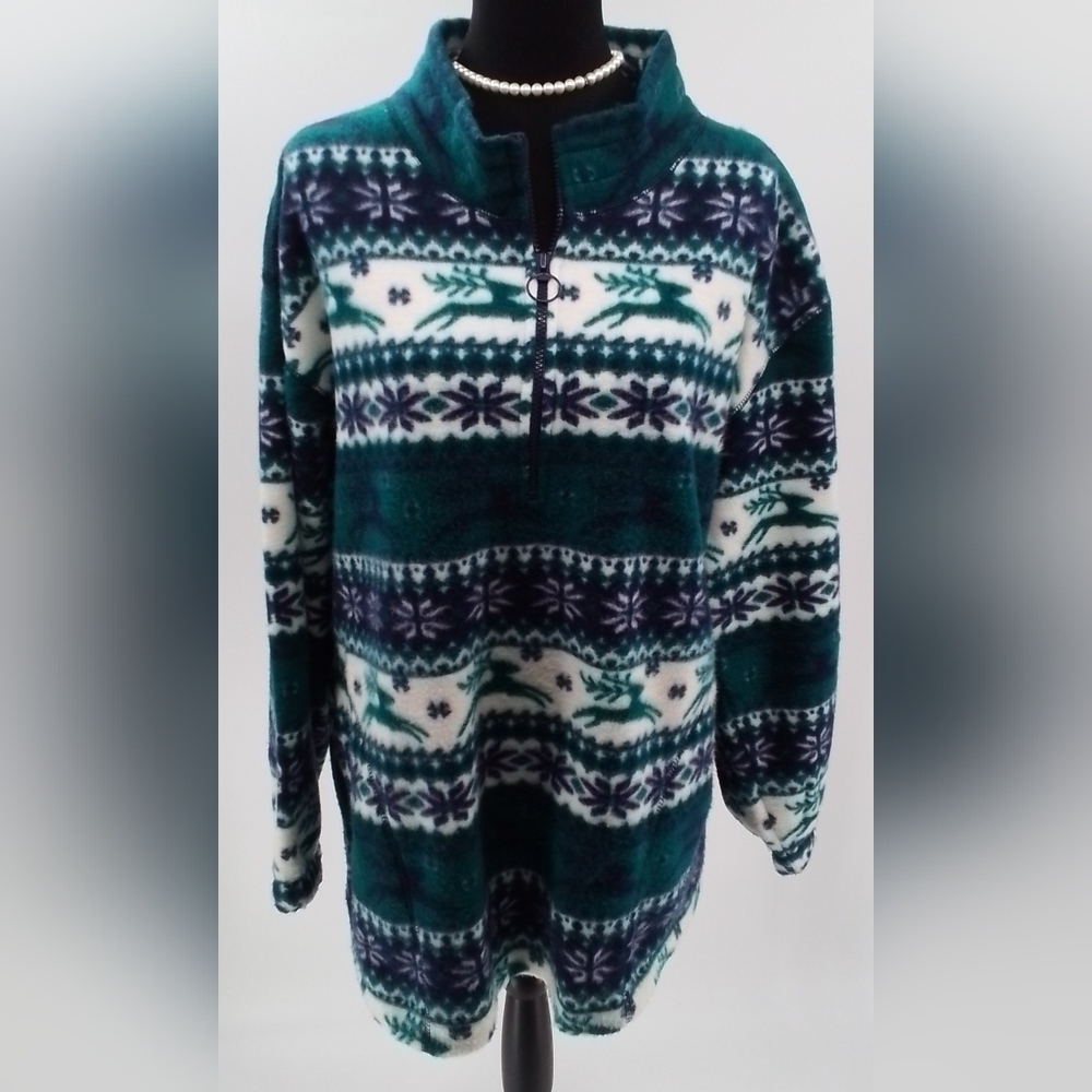 Summit Hill Womens BLUE & GREEN 1/4 Zip Fleece Snowflakes & Raindeer Pullover LG